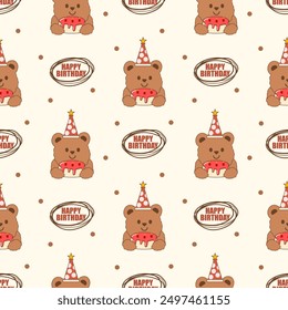 Happy birthday bear cartoon so cute. On cake polka dot background. Pattern seamless vector illustration. 