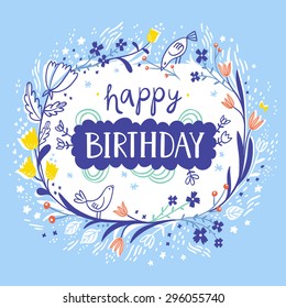 Happy birthday beautiful floral card with birds