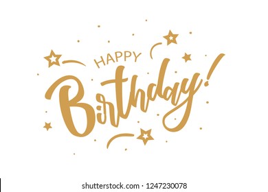 Happy Birthday. Beautiful greeting card poster with calligraphy golden text Word star fireworks. Hand drawn, design elements. Handwritten modern brush lettering on a white background isolated vector