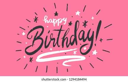 Happy Birthday. Beautiful greeting card scratched calligraphy text word with stars. Hand drawn invitation shirt print design. Handwritten modern brush lettering vector eps