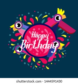 happy birthday, beautiful greeting card background or banner with colorful bird theme. design illustration