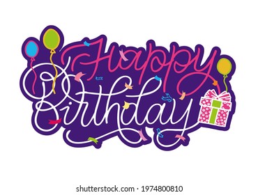 Happy Birthday. Beautiful greeting card poster with calligraphy black text Word star fireworks. Hand drawn, design elements. Handwritten modern brush lettering on a white background isolated vector.