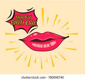 Happy Birthday, Beautiful greeting card poster with comic lips pop art style