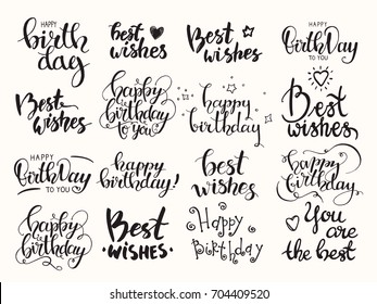 Happy birthday & Best wishes. Handwritten modern brush lettering made with ink. Big artistic collection of design elements for congratulation card, banner, poster, flyer templates. Isolated vector set