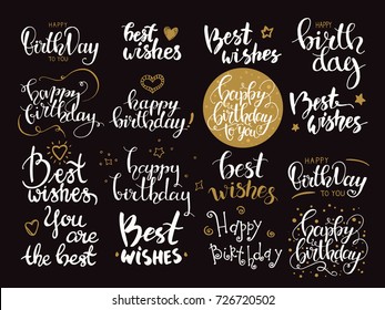 Happy birthday & Best wishes. Handwritten modern brush lettering made with ink. Big artistic collection of design elements for congratulation card, banner, poster, flyer templates. Isolated vector set