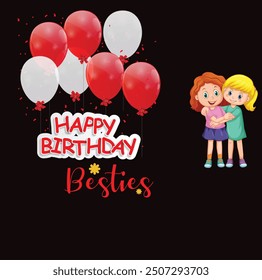  Feliz cumpleaños Besties texto de saludo con caja de regalo, banderines y Elementos de decoración de sombrero de fiesta para diseño de tarjeta de invitación. Fondo de tarjeta de Ilustración vectorial
