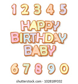 Happy birthday. Biscuit cartoon hand drawn letters and numbers. Cute design for kids in pastel colors. For greeting cards, banner, room decoration.