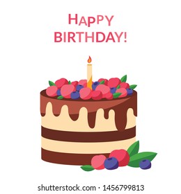 Happy Birthday! Biscuit with chocolate and berries. Vector illustration of cake on white background. Card. Banner. - Vector