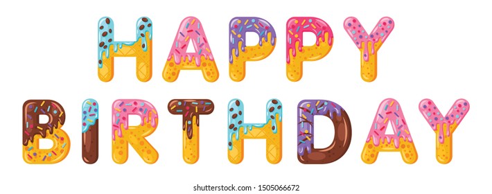 Happy birthday biscuit vector lettering. Glazed gingerbread inscription. Tempting flat design typography. Cookies letters phrase isolated on white. Biscuit word greeting card, banner element