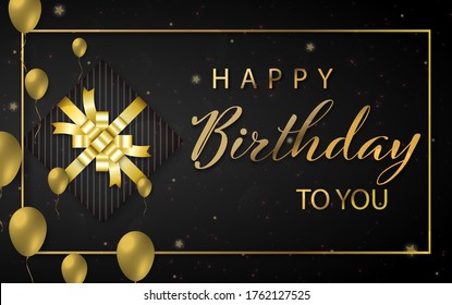 Happy Birthday black background with golden color balloons and gift box