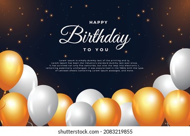 Happy birthday black background with realistic balloons. Happy birthday banner with light effect.  realistic balloons, white typography, birthday light effect background.