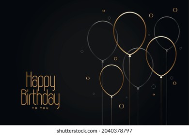 happy birthday black card with golden line balloons