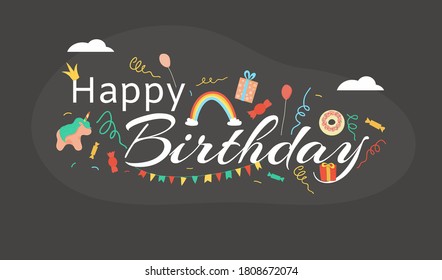 Happy birthday, black card inscription, important date, anniversary celebration, design cartoon style vector illustration. Festive mood, colorful text, handwritten font, cheerful decorative poster.