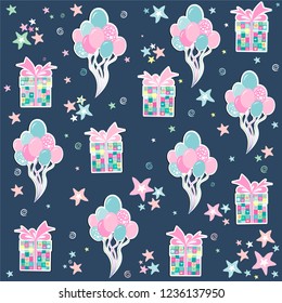 Happy birthday blue background pattern. Celebration background with gift boxes, colorful balloon and stars. Repeating pattern. Seamless wrapping paper.  Background party concept. Vector illustration.