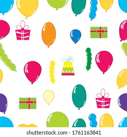 Happy birthday blue background pattern. Celebration background with gift boxes and colorful balloons. Repeating pattern. Seamless wrapping paper. Background party concept. Vector illustration.