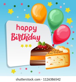 happy birthday blue background with slice of cake