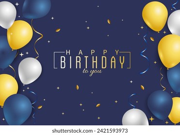 Happy Birthday blue greeting card with balloons, confetti and gift box