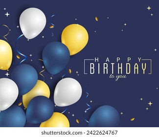 Happy Birthday blue greeting card with balloons, confetti and ribbons