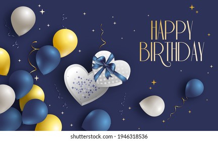 Happy Birthday blue invitation card with balloons, gift box and confetti