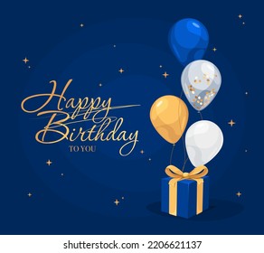 Happy Birthday blue invitation card with balloons and gift box