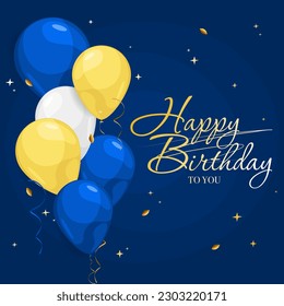 Happy Birthday blue invitation card with balloons and confetti. Template for birthday celebration