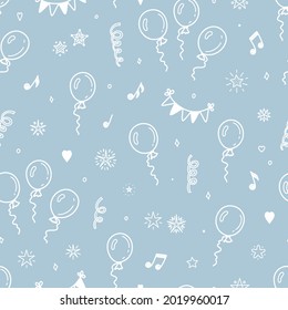 Feliz cumpleaños, Blue White Background. Patrón sin costura vectorial con globos de doodle dibujados a mano, Bandera de Bunting, Estrellas, Notas Musicales y Confetti