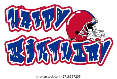 Feliz cumpleaños en tipografía atrevida, con un casco de fútbol en tonos rojos y azules reales. Un diseño llamativo y deportivo que celebra la paternidad y el espíritu deportivo.