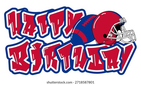 Feliz cumpleaños en una tipografía atrevida, con un casco de fútbol y una pelota en tonos rojos y azules reales. Un diseño llamativo y deportivo que celebra la paternidad y el espíritu deportivo.