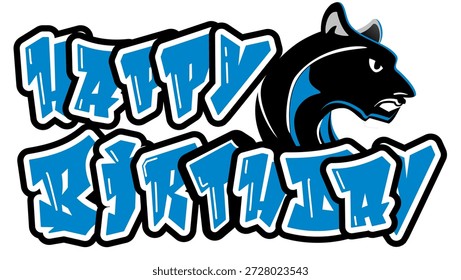 Feliz cumpleaños en tipografía atrevida, con una Pantera en tonos azules, negros y plateados. Un diseño llamativo y deportivo que celebra la paternidad y el espíritu deportivo.