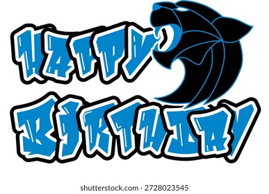 Feliz cumpleaños en tipografía atrevida, con una Pantera en tonos azules, negros y plateados. Un diseño llamativo y deportivo que celebra la paternidad y el espíritu deportivo.