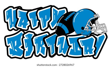 Feliz cumpleaños en una tipografía atrevida, con un casco de fútbol y una pelota en tonos azules, negros y plateados. Un diseño llamativo y deportivo que celebra la paternidad y el espíritu deportivo.