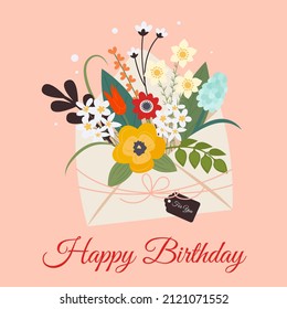 Feliz cumpleaños. Bouquet de flores primaverales dentro del sobre y etiqueta con amor. Plantilla de diseño para tarjeta, afiche, volante, banner y otros usos. Estilo plano de ilustración de vector