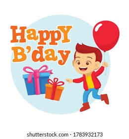 Feliz cumpleaños con el niño feliz y la ilustración plana del vector de globo