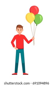 Happy birthday boy WIth Balloons.Boy holding colorful balloons.vector illustration isolated over a white background.Smiling young man with bunch of colorful balloons in his hand.