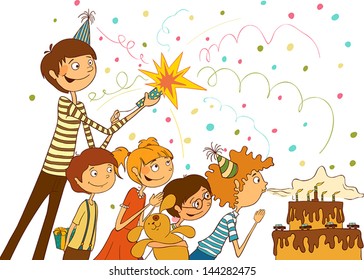 Happy birthday. Boy blows out the candles on a large cake, illustration