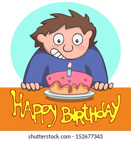 Happy birthday. Happy boy with birthday cake and candle. Cartoon.