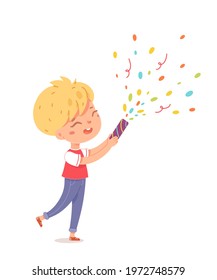 Happy birthday, boy celebrating at party with confetti. Cute child holding decoration in hand vector illustration. Little kid smiling and standing isolated on white background.