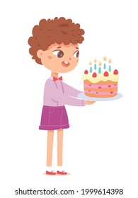 Happy birthday, boy celebrating at party with cake. Cute child having fun vector illustration. Little kid smiling with plate at event isolated on white background.