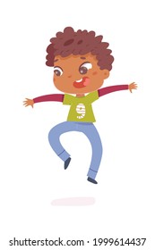 Happy birthday, boy celebrating at party. Cute child having fun vector illustration. Little kid smiling and jumping with arms up, laughing isolated on white background.