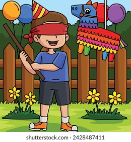 Happy Birthday Boy with Pinata Colored Cartoon