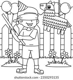 Happy Birthday Boy with Pinata Coloring Page 