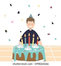 Happy birthday boy sitting in front of festive cake with candles cheerful smiling wearing celebration cone hat. Kid holding party concept. Cartoon flat vector illustration