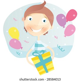 Happy Birthday, boy! Happy small boy with birthday gift. Art Vector Illustration.