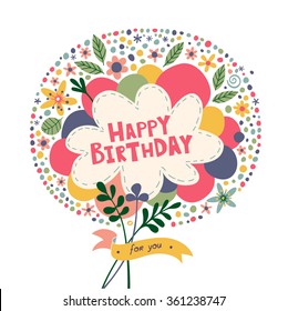 Happy birthday. Bright composition in a circle with balloons, flowers and confetti.