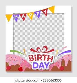 Happy birthday. Bright frame for a festive party in a cartoon style, isolated on a transparent background with a cake, a garland and a gift. For photo booth, cards, invitations. Vector illustration