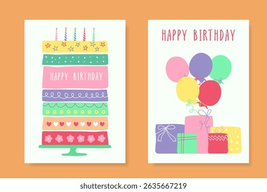 Happy birthday, bright hand drawn cards with cake, balloons and gifts. Vector.