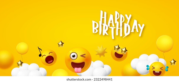 Happy Birthday! Bright holiday banner with emotional faces.