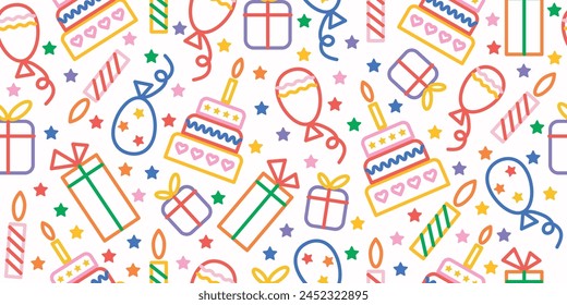 Feliz cumpleaños, fondo brillante sin fisuras con pasteles, globos y regalos. Vector.