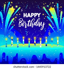 Happy Birthday bright Vector illustration in blue colors. Happy Birthday gradients design with candles, cake, stars, fireworks, confetti for greeting card, banner and poster. Vector illustration