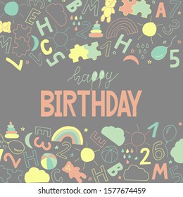 Happy birthday brush lettering. 
Handmade toys, letters, numbers, rainbow, clouds seamless pattern. 
Children`s set on a dark background. Doodle vector